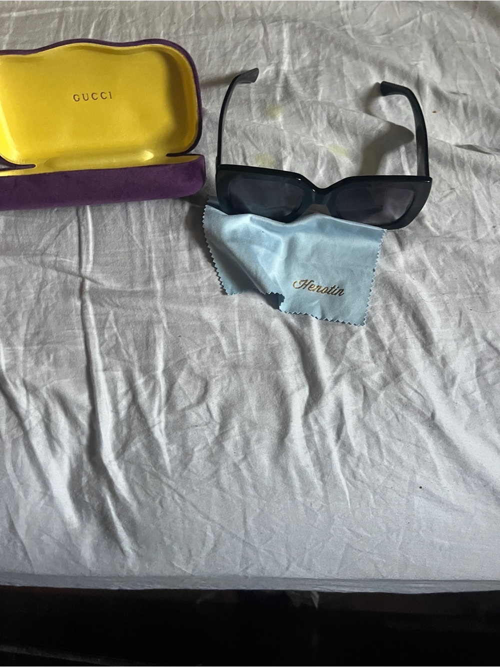 Gucci Black Rectangular Sunglasses with Yellow & Purple Case.
